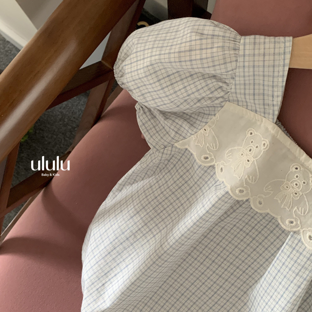 くま刺繍チェックロンパース