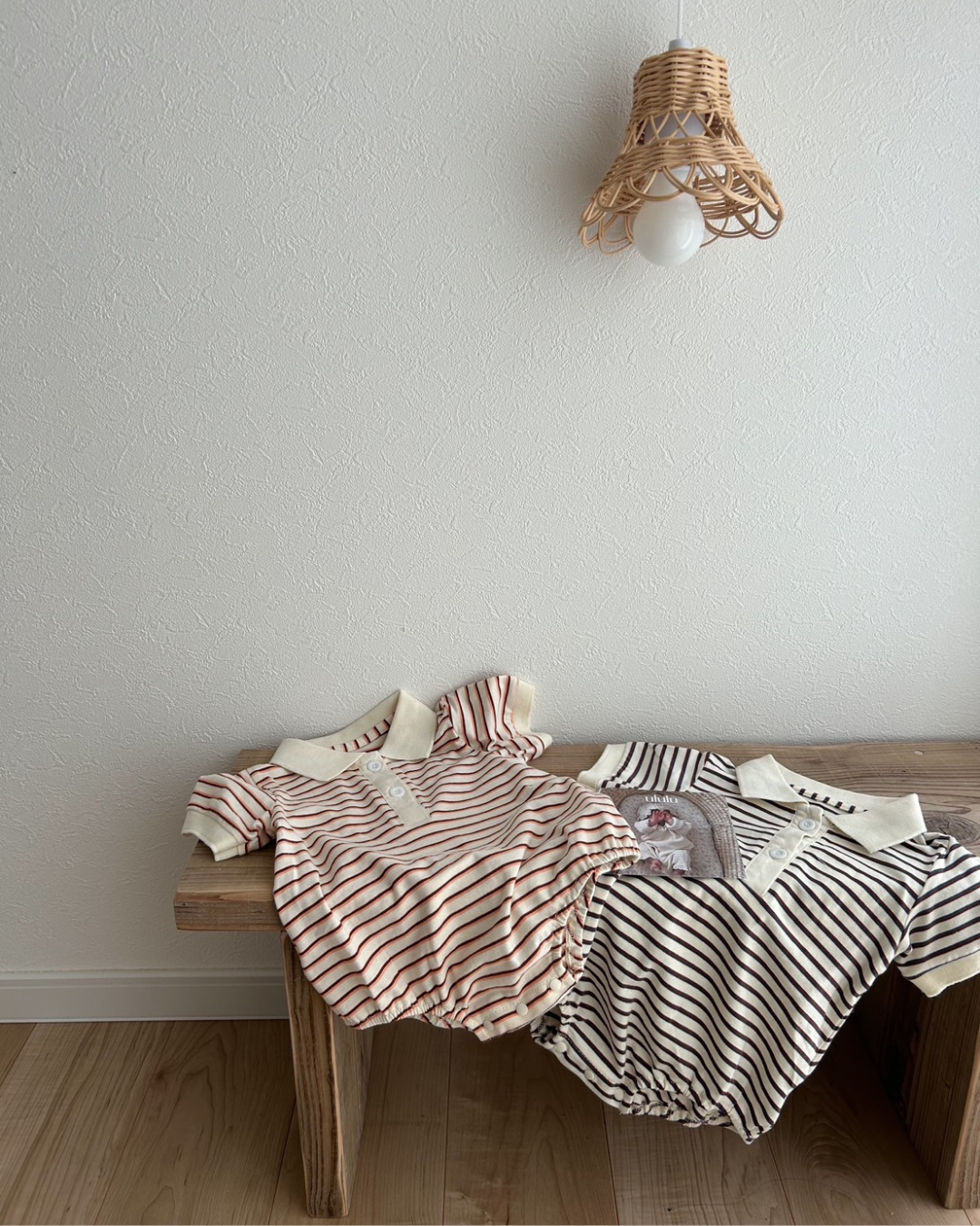 【新作20日(金) 10:00販売】コットンボーダー襟付きロンパース