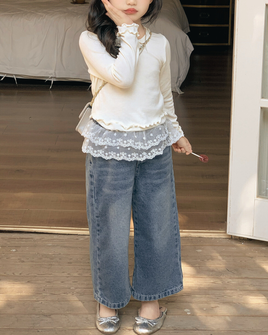 レースヘムデニムパンツ