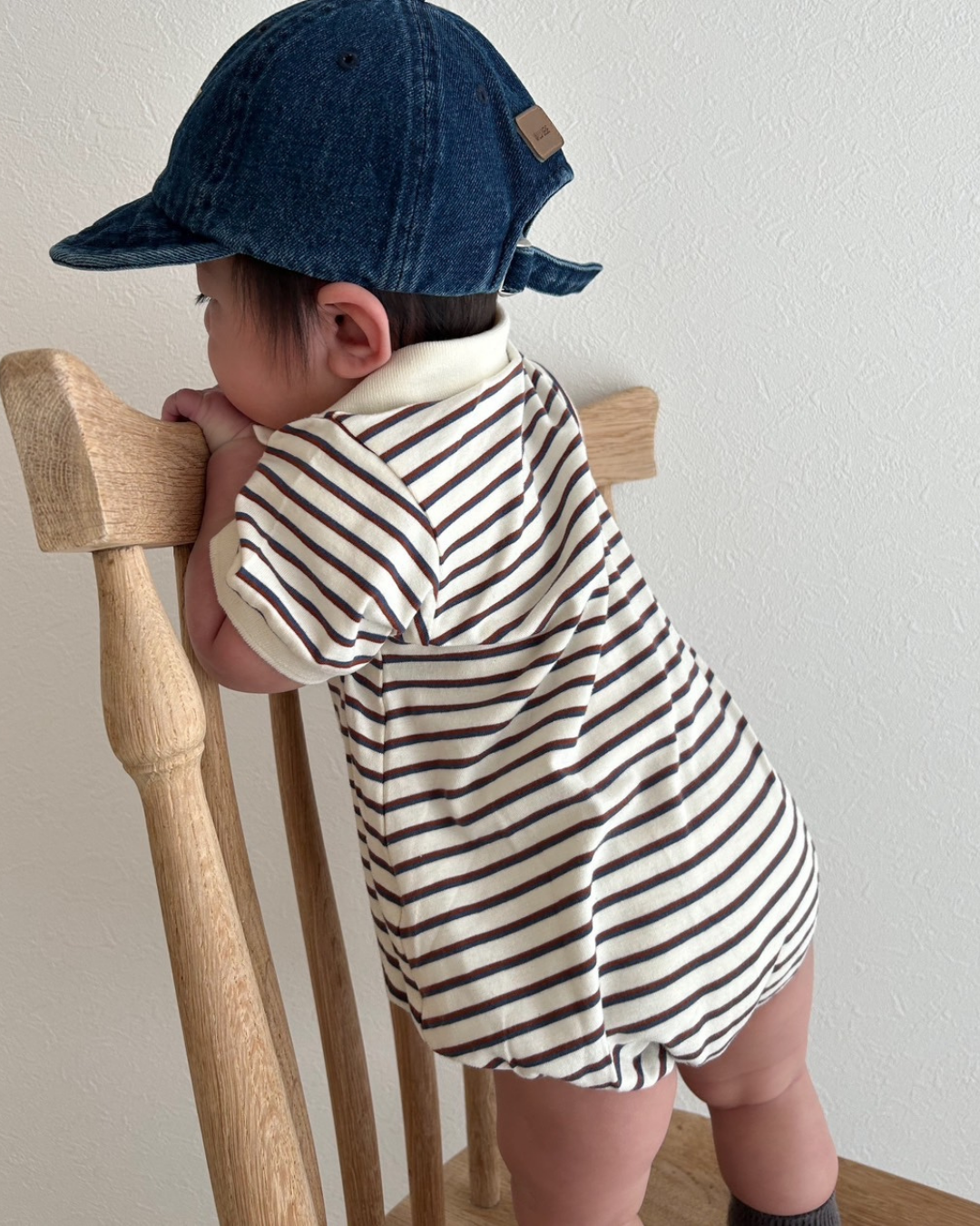 【新作20日(金) 10:00販売】コットンボーダー襟付きロンパース