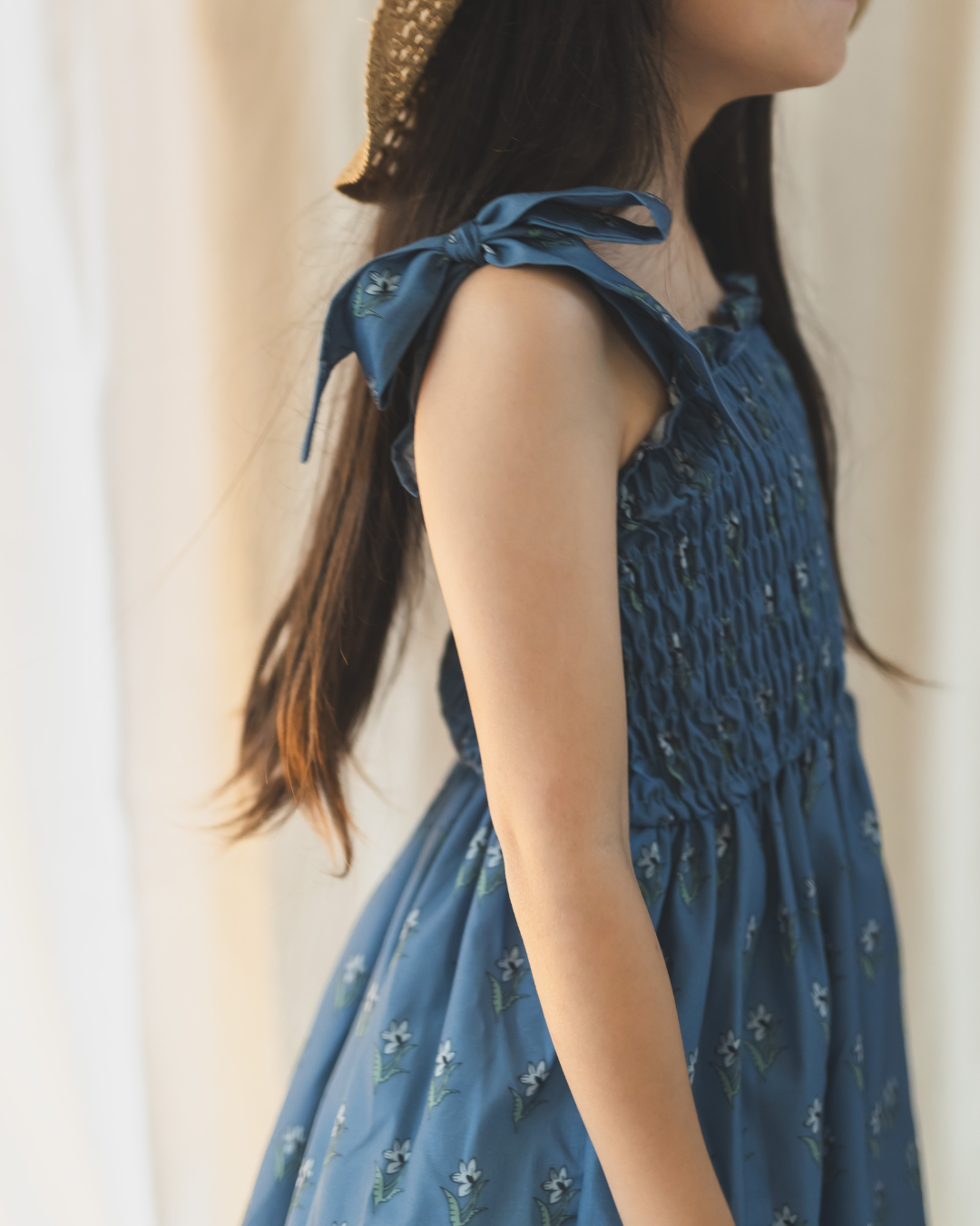 【SALE】花柄リボンショルダーシャーリングワンピース