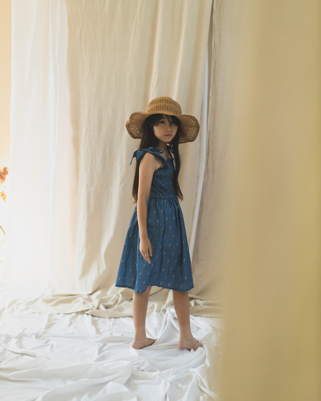 【SALE】花柄リボンショルダーシャーリングワンピース