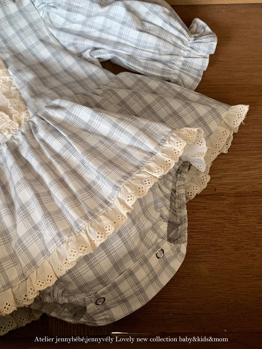 【新作】レーストリム チェックフリルロンパース