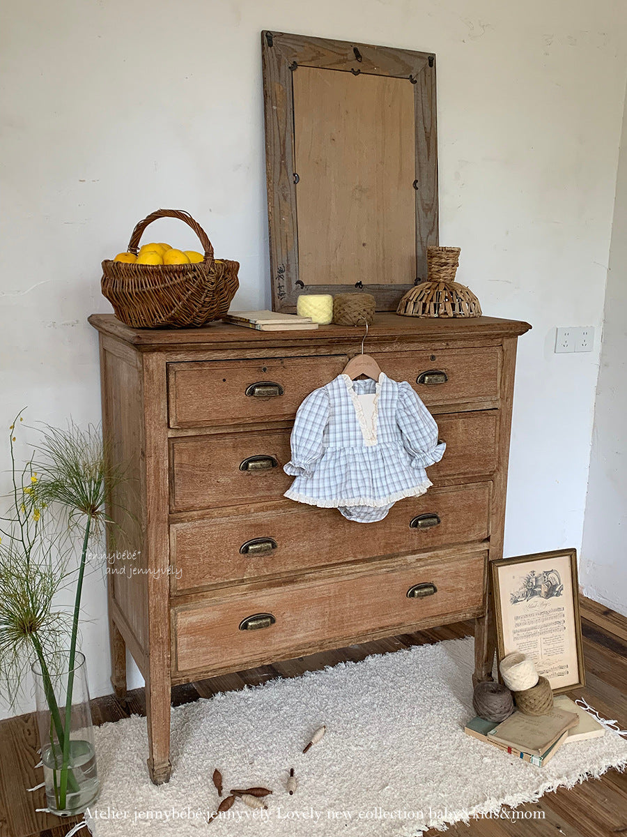 【新作】レーストリム チェックフリルロンパース