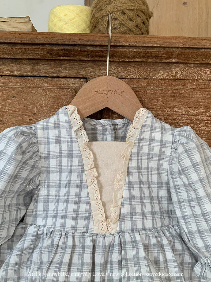 【新作】レーストリム チェックフリルロンパース