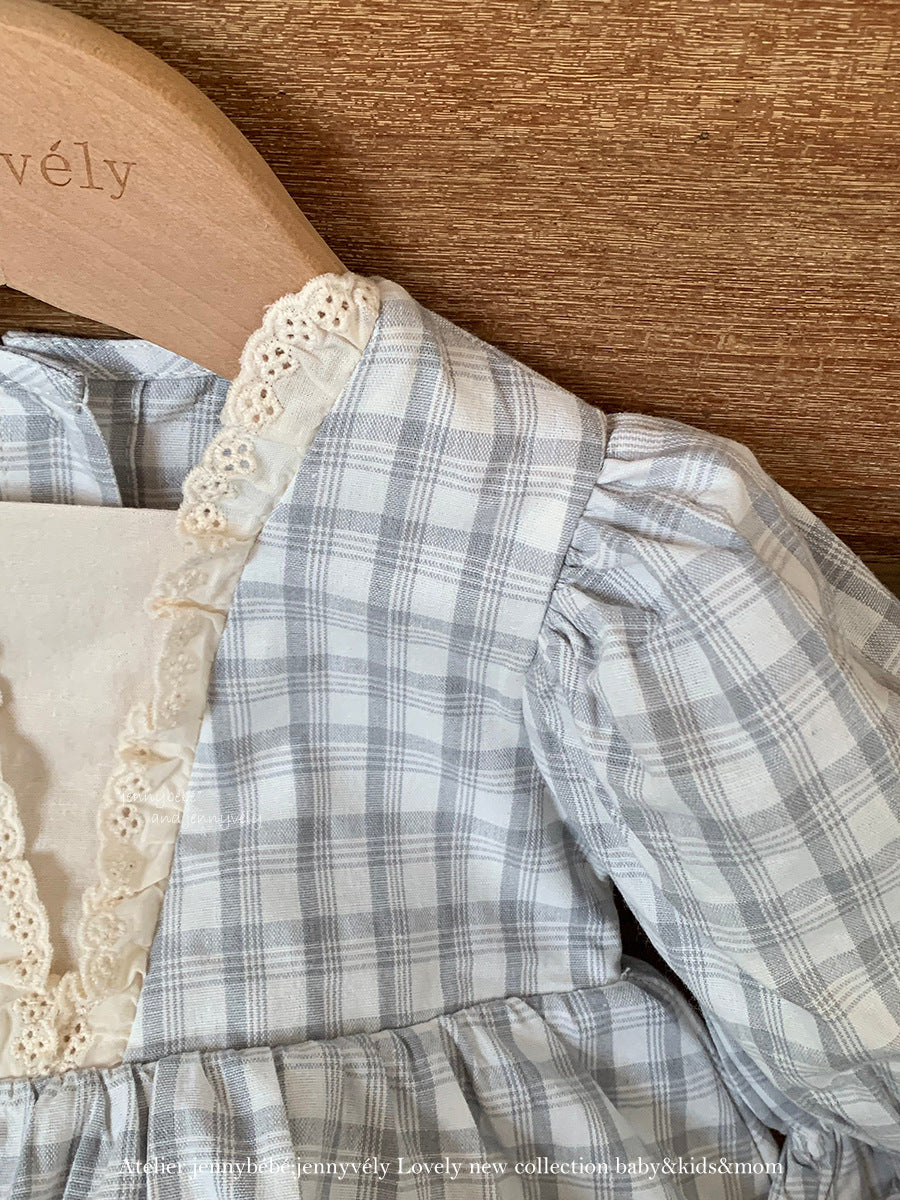 【新作】レーストリム チェックフリルロンパース