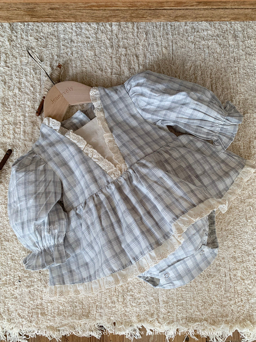 【新作】レーストリム チェックフリルロンパース